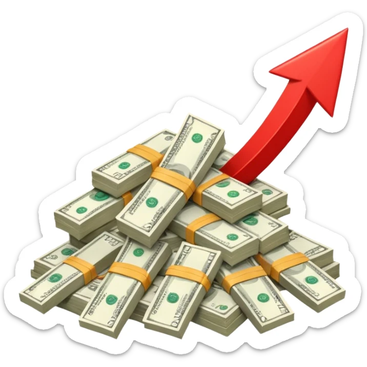 a pile of money with red arrow up with a strategy paper sticker