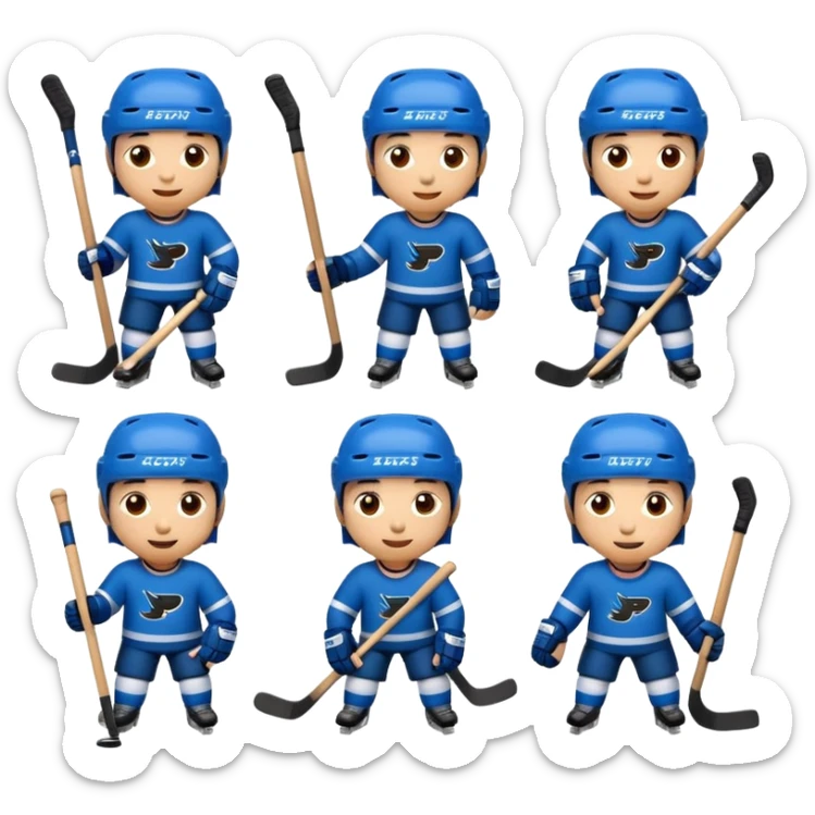 Set of 8 hockey sticker emojis for kids: happy player with a puck, tired player, celebratory player, player cheering, hockey helmet, hockey stick, ice rink, and team logo. sticker