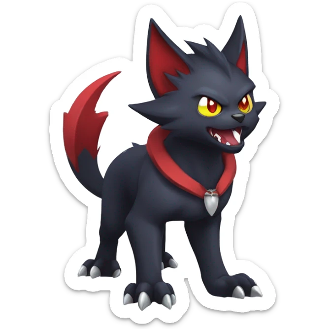   cool edgy fantasy anime-style dark animal vampiric Litten-Zoroark-Nargacuga-cat-hybrid Fakemon with big fangs and bat-ears full body sticker