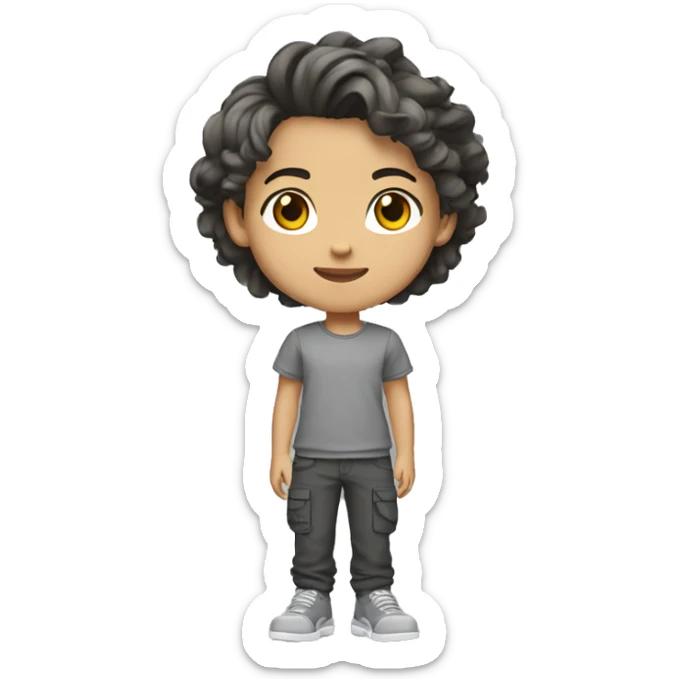 Teenager with gray sneakers, black cargo pants, gray T-shirt, medium-length hairstyle, brunette hair, light skin, full length sticker