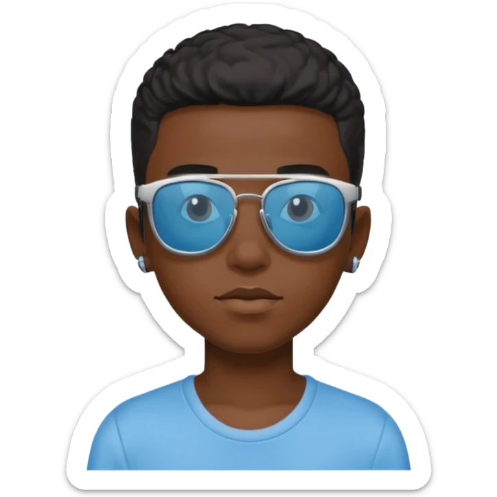 Un garçon noir avec des lunettes de soleil un peu bleu avec un cadran plutôt carré et SANS QU’ON VOIT SES YEUX. Et au dessus de sa tête il y a écrit BOUSs on dois pas voir ses yeux sticker