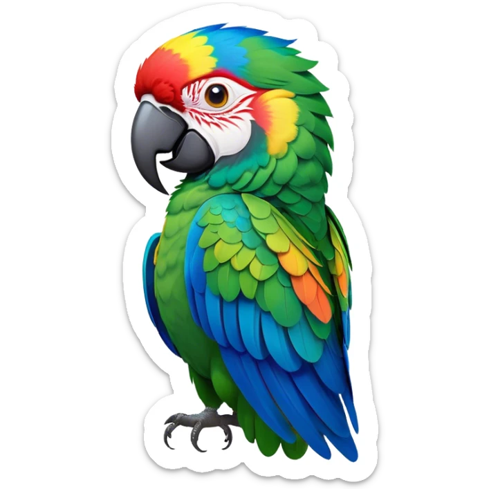 Cinematic Noble Macaw Portrait Emoji, Poised and regal, with vibrant, iridescent feathers in a spectrum of brilliant colors and sharp, intelligent eyes, Simplified yet sharp and sophisticated features, highly detailed, glowing with a soft, tropical radiance, high shine, majestic and graceful, stylized with an air of exotic elegance, focused and alert, soft glowing outline, capturing the essence of a watchful and confident avian guardian that seems ready to soar out of the screen with effortless authority! sticker