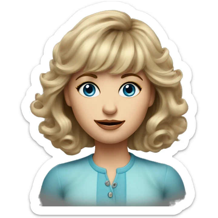 Medium length Dirty blonde voluminous hair with bangs all across forehead and sides swept away from face woman of 60 with blue eyes  sticker