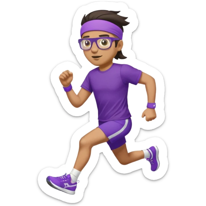 Running man in tight shorts and a purple t-shirt that says 'progressive run', with a headband, dark hair, running glasses, and stylish bright sneakers, emoji style, variation 1 sticker