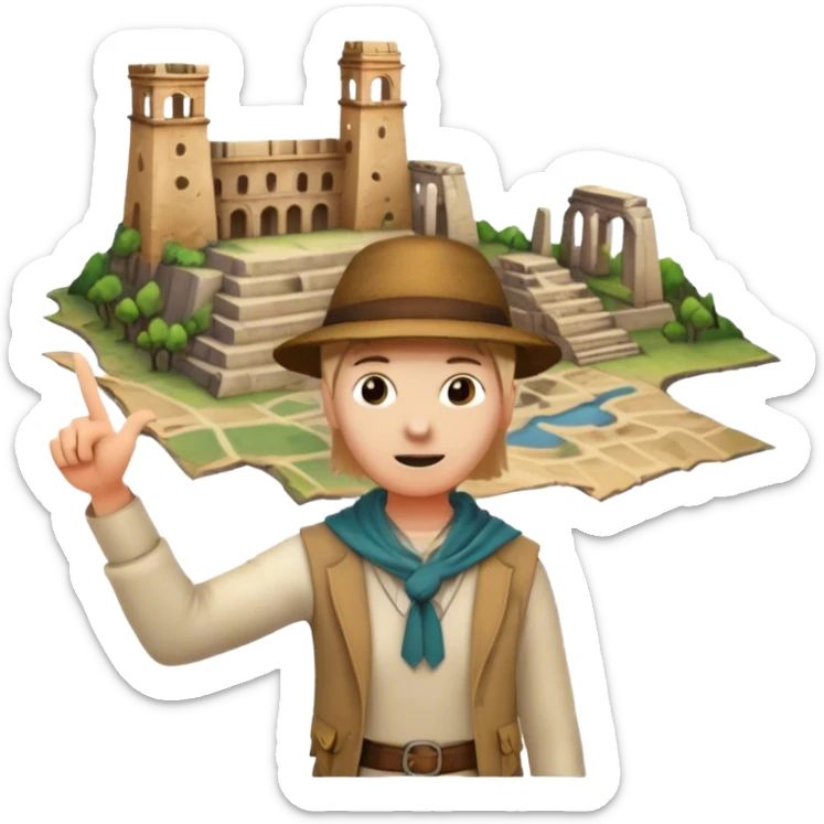 Icon for Documentary Film (TV style): A traveler pointing backward and narrating in front of ancient ruins. Include elements like historical landmarks, maps, and exploration tools to evoke a sense of adventure. Transparent background. sticker