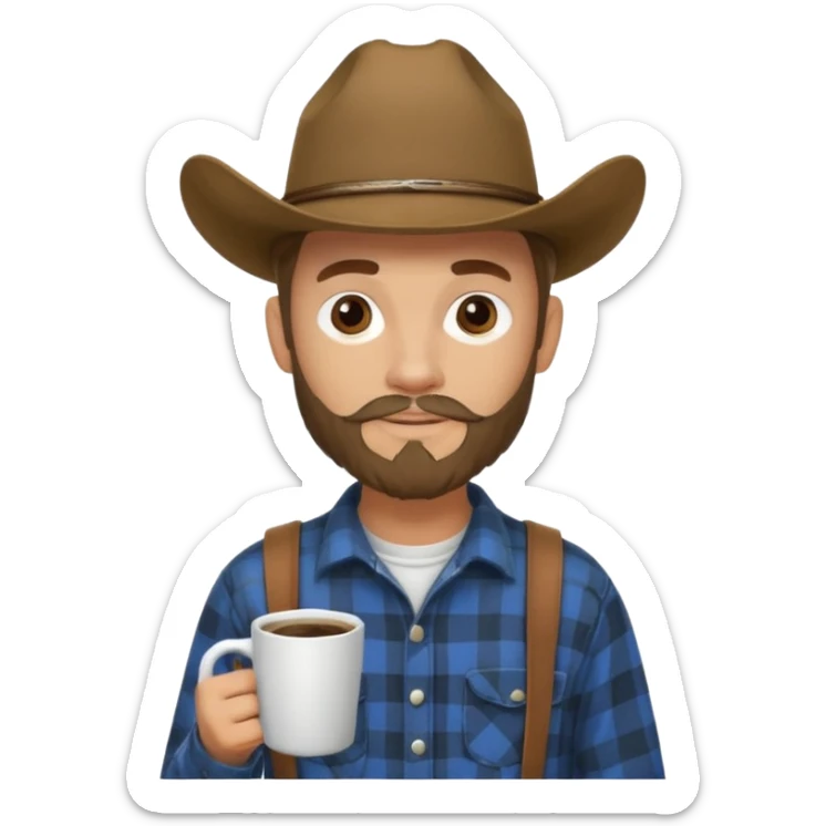 generate an ios genmoji of a 20 year old tan boy with a cowboy hat and mutton chop beard. Wearing a flannel and carrying a coffee mug sticker