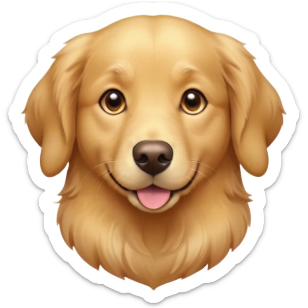 Cinematic Cute Golden Retriever Portrait Emoji, Head tilted playfully and inquisitively, featuring a luscious golden coat with a gentle sheen, round, sparkling brown eyes filled with curiosity, Simplified yet irresistibly adorable features, highly detailed, glowing with a warm, friendly glow, high shine, affectionate and lively, stylized with a touch of whimsy, bright and endearing, soft glowing outline, capturing the essence of a mischievous yet loving pup, so playful it feels like it could leap out of the screen and into your arms! sticker