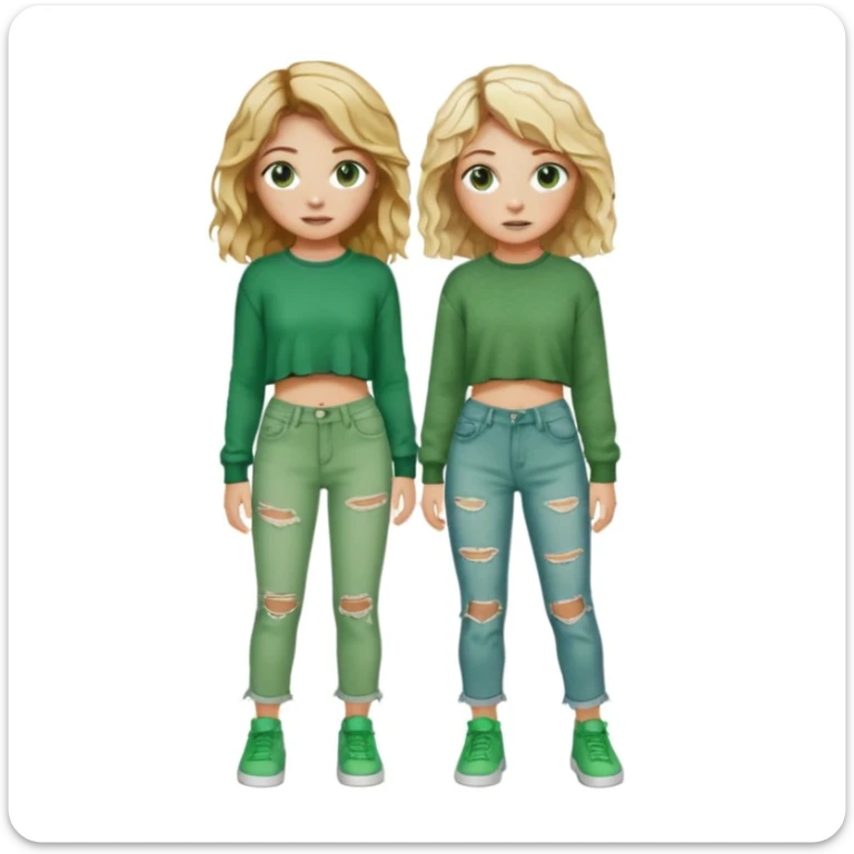 Two girls, both white, one with short wavy blonde hair and green eyes, dressed in punk Y2K fashion and the other with long wavy brown hair, brown eyes, freckles; and cozy green clothes  sticker