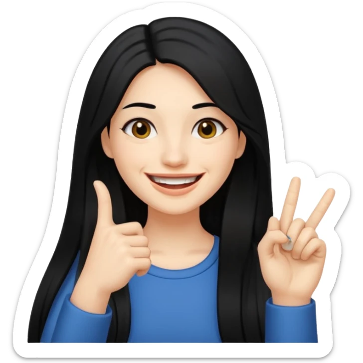 Haz una imagen de una mujer con cabello negro largo , con una sonrisa en su cara y la punta de su dedo indice entre sus dientes sticker