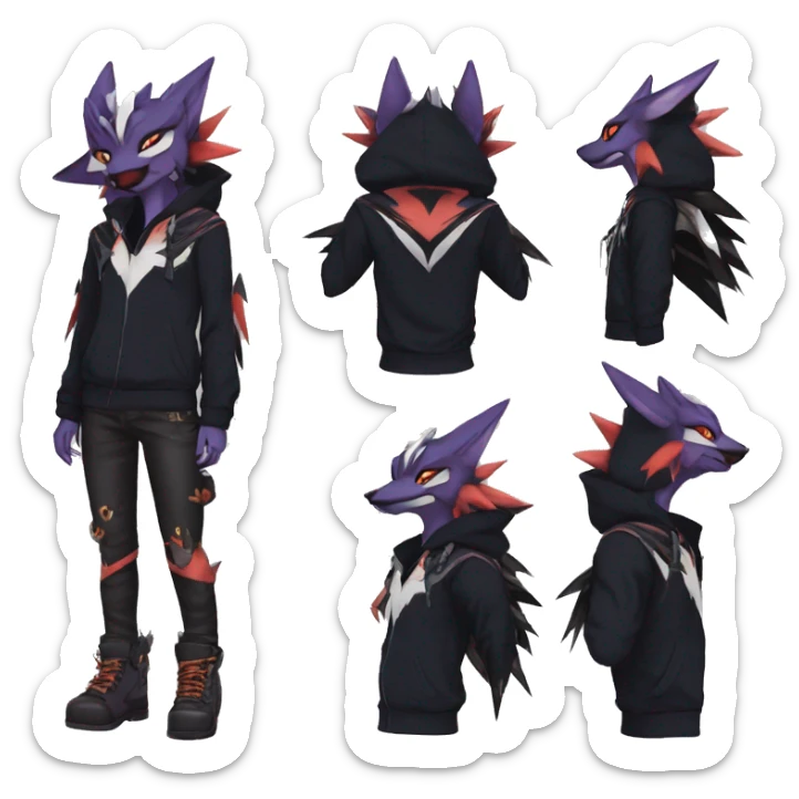 Cool Anthro Black Noivern-Absol-Litten-Pokémon with edgy stripes hoodie spiked collar punk Full Body sticker