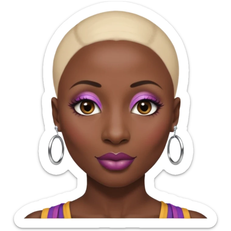 Grown black (proud) woman, bald with a perfect head, a prominent nose with a septum piercing, many piercings on her ears, a gap between her front teeth and very long nails (cynthia erivo) a proud lesbian, with long lashes and glam makeup sticker