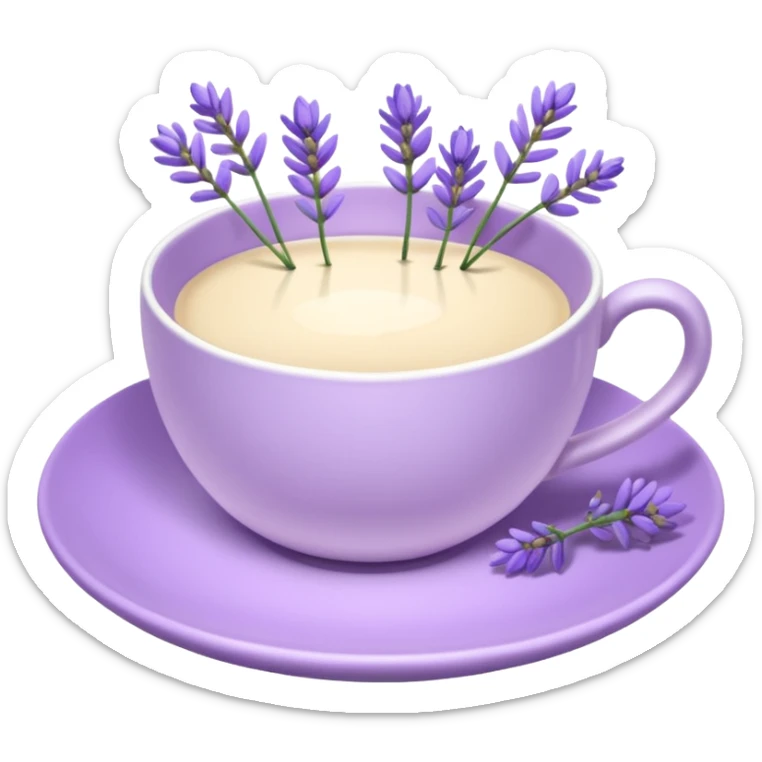 White teacup on a pastel purple plate, lavender flowers on the side, pastelcore aesthetic sticker