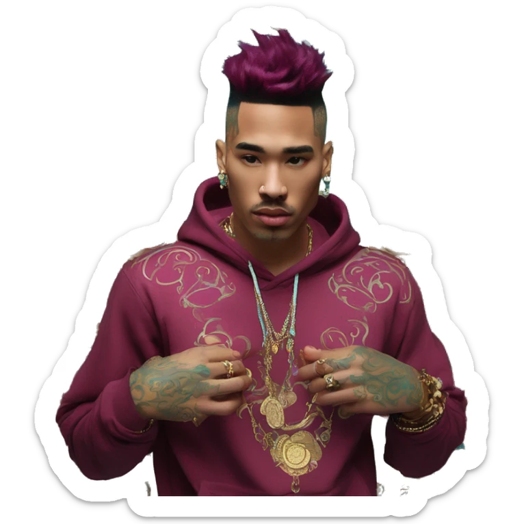 Vintage patina intricate swirls gold jewellery baroque golden raven tropical Deep pink maroon burgundy cyan dark hoodie man vitiligo dyed hair gold piercings nose piercing ear piercings sticker