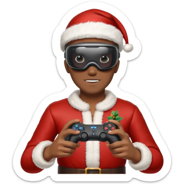 Homme photographe noir, week-end détente, équipé d’un appareil photo pro. Dans un décor Noël chaleureux, Père Noël à côté, sapin illuminé, lumières douces. L’homme porte un casque VR autour du cou ou sur la tête, et une manette PS 2025 dans la main libre. Ambiance festive, réaliste, couleurs nettes sticker