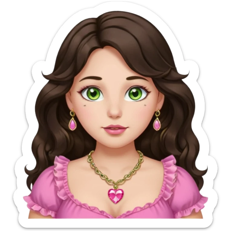 Girl girl with long wavy dark brown hair with middle part, green gold eyes, plus size, pink frilly top, right nostril gold nose ring, small pink heart crystal necklace  sticker