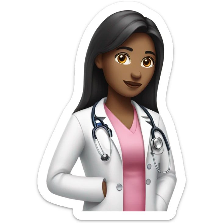 Long black hair female doctor in pink undershirt white coat over pink stethoscope  sticker