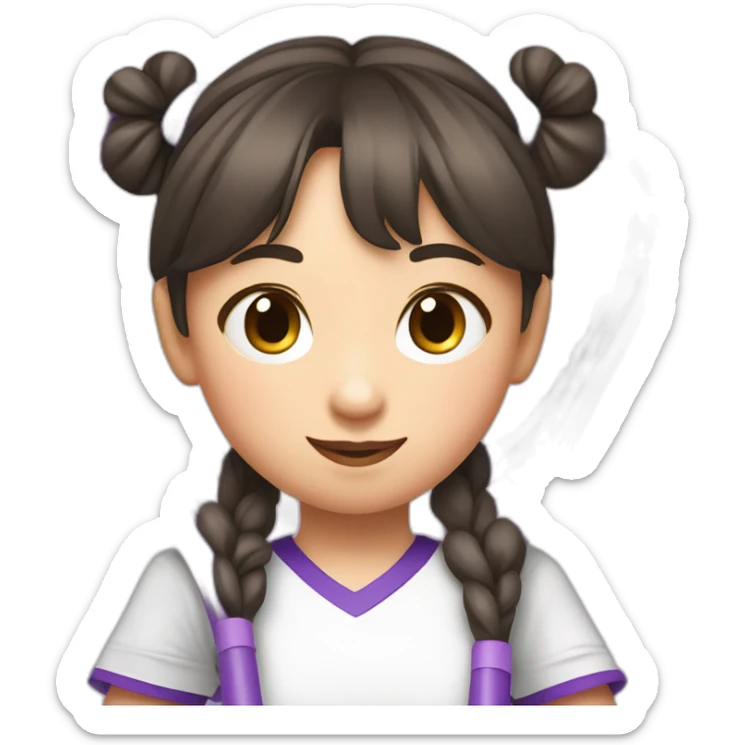 a little chinese girl wearing a white nike shirt with two pig tails hair style hugging a purple tennis racket to her chest in paper art style sticker