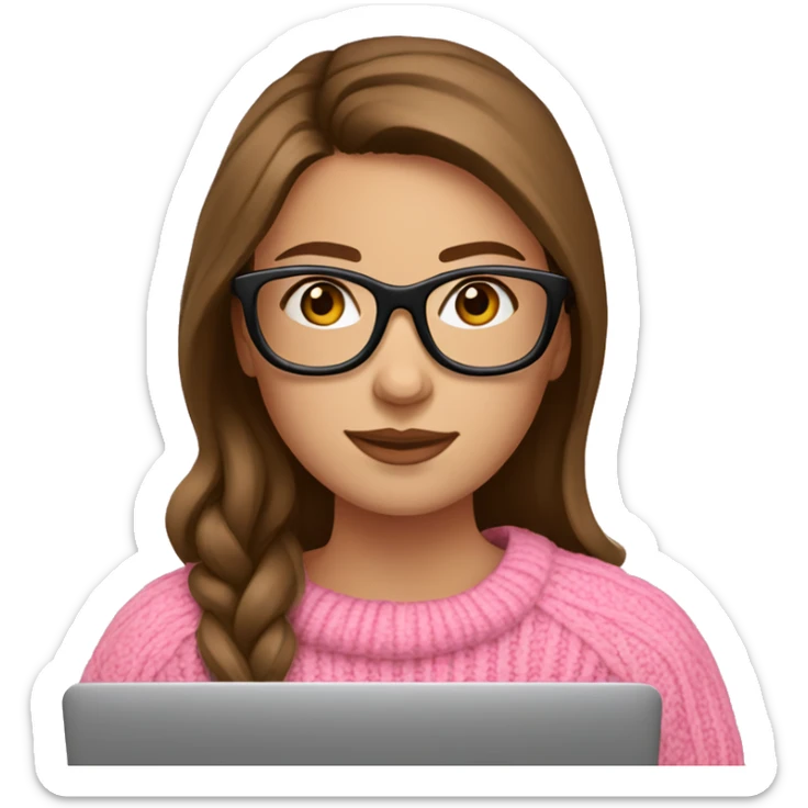 Russian Girl with brown hair and black glasses frame and pink sweater is working behind laptop sticker
