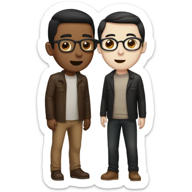 Two men kissing, one white skin with black hair, one brown with glasses sticker