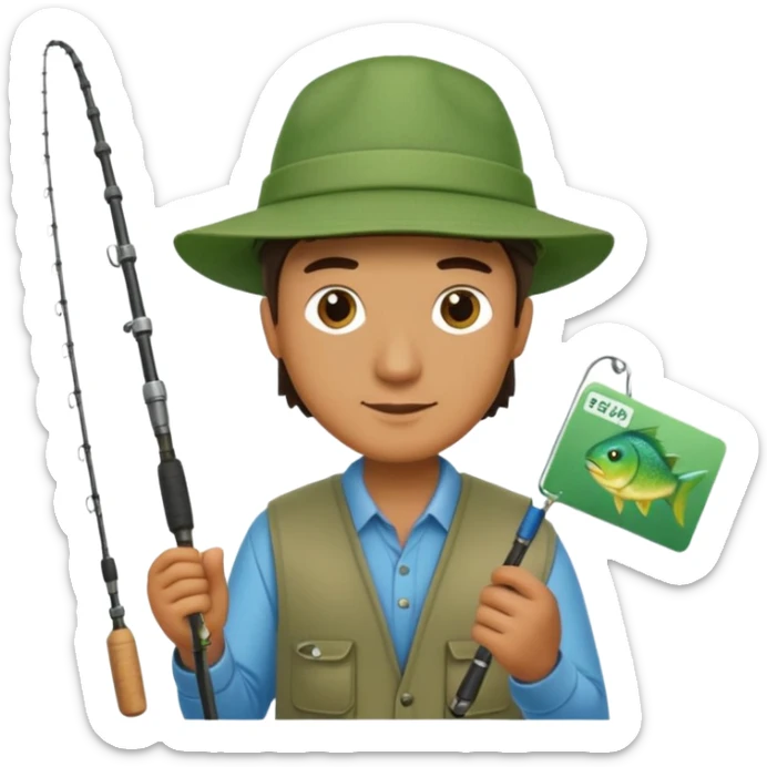A man holding a fishing rod with a green card on the hook sticker