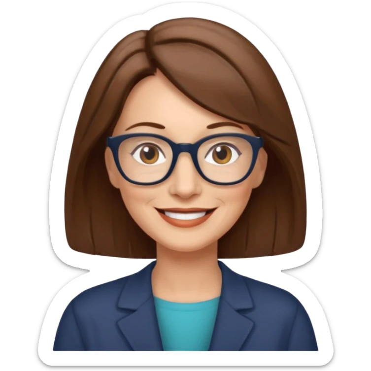 emoji of a woman in her 50s, shoulder-length brown hair, wearing glasses, friendly smile sticker