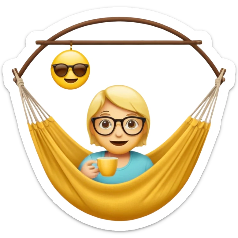 Créer un emoji stylisé et coloré représentant le week-end, joyeux et relaxant. L’emoji doit être rond, lumineux, avec un visage souriant ou des lunettes de soleil. Ajouter des éléments évoquant le repos ou le plaisir : café, hamac, soleil, musique, détente.  sticker