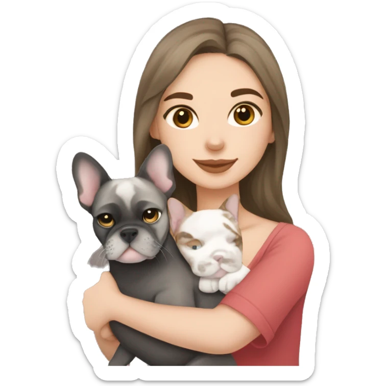 brunette hair girl cuddling a black and white frenchbulldog and a lynx point tabby cat sticker
