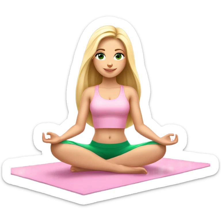 blonde long hair and green eyes yoga beautiful girl in light pink pink pink clothes sitting on a yoga mat sticker