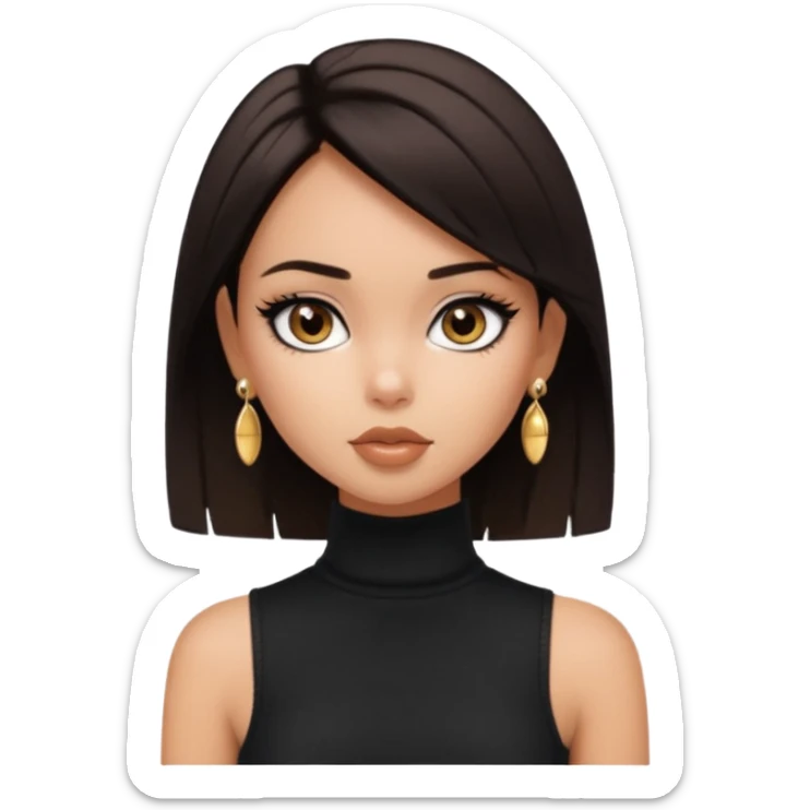 generate a pretty bratz girl in black cami top, dark brown straight short hair, eyeliner on. dark brown eyes. Wearing sleeveless white turtleneck, gold stud earrings sticker