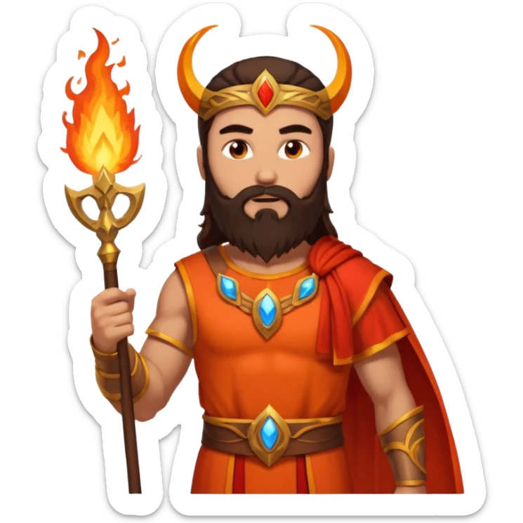 Vulcan, Fire God from Rome Mythology with long dark brown hair and beard, orange and red outfit, light tan skin sticker