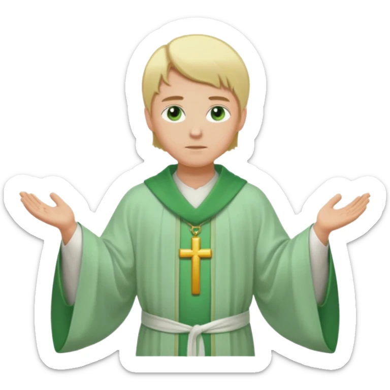 a priest, green eyes, blonde hair, light green wide, flowing outer robe. opening arms, gazing thoughtfully. Soft light, subtle fern. Waist-up, profile. sticker