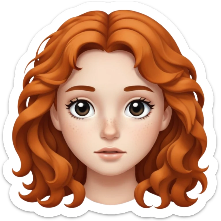 girl with wavy long hair, striking black eyes, subtle makeup, and scattered freckles sticker