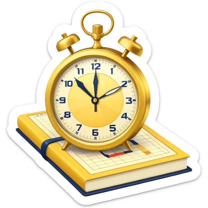 A yellow productivity book with navy blue and gold details, running clock and chart with upward trend aura, radiating productivity, strategy, and success in motion with time and happiness yellow... power in time sticker
