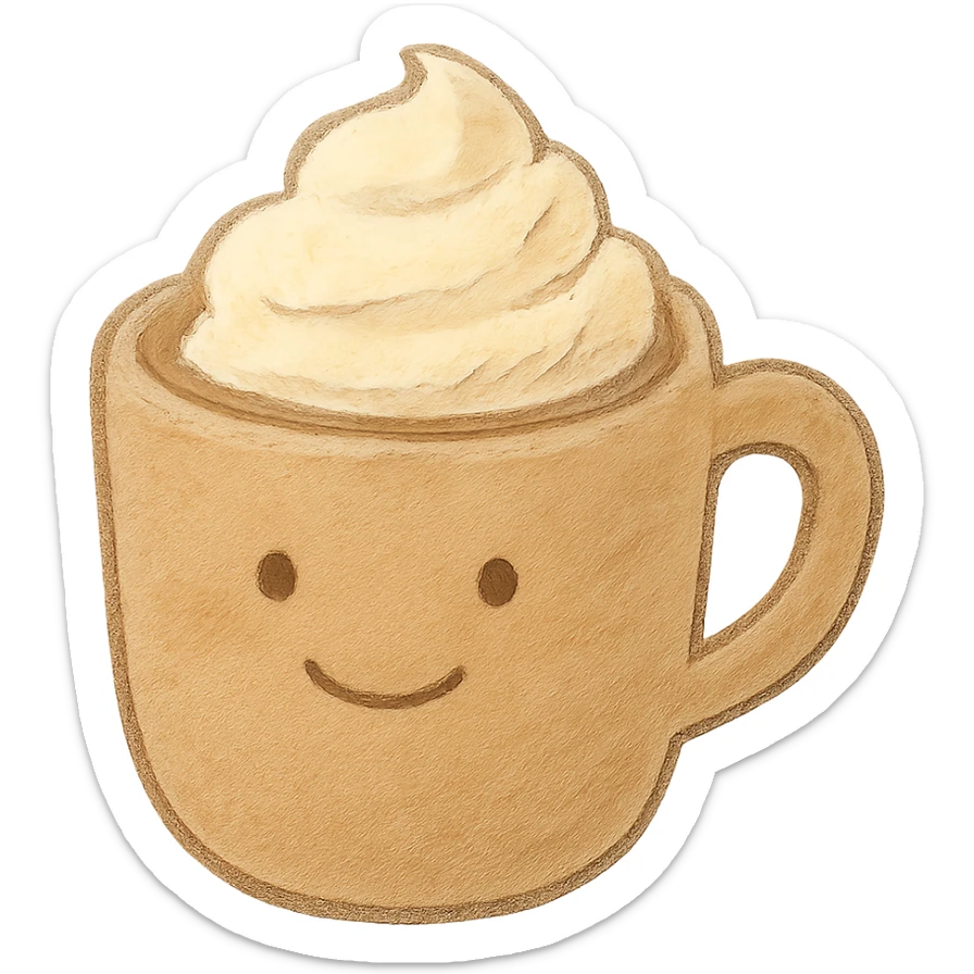 a cup of cocoa with whipped cream, Japanese soft pastel hand-drawn style, full object, transparent background, with a gentle smile sticker