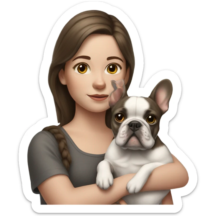 realistic portrait of brown hair girl with gray french bulldog  sticker
