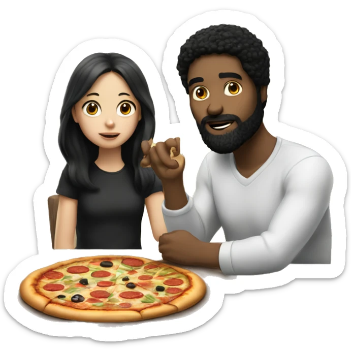 white man with black hair and beard sitting at a table eating pizza with small white girl with black hair sticker