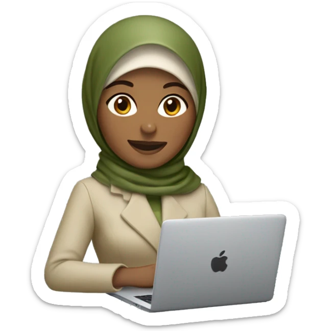 memoji of a woman with a laptop in front, apple-style,modern with olive green hijab on head,beige color coat, indian, fair, working on laptop with smile on face sticker