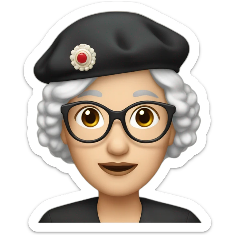 sixty years old lady with black hairs and black dress wearing a French beret sticker
