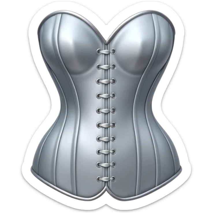 A luxury corset emoji made of silver chrome, smooth metallic curves, minimal fashion silhouette, glossy reflections, sensual high-end aesthetic, iOS emoji style, centered, clean white background sticker