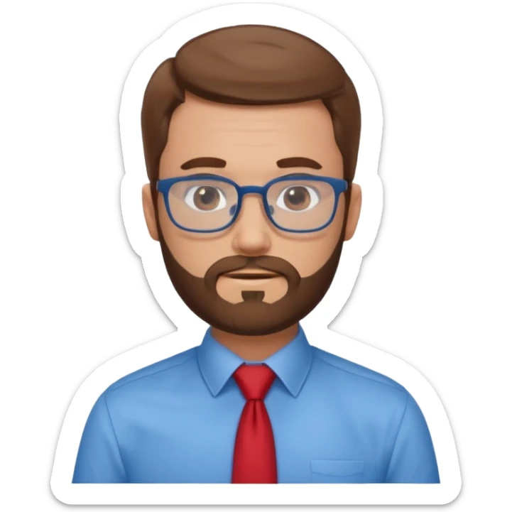 white-man-businessman-with-beard, brown hair, glasses, blue shirt, red tie sticker