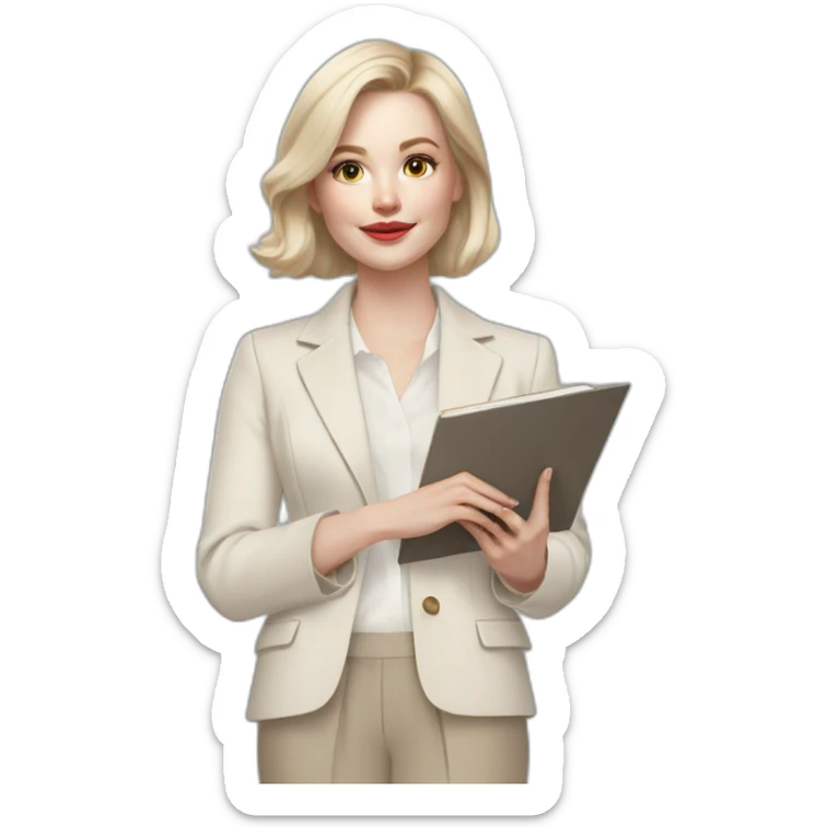 pale skin woman with ash blonde Straightened bob Hair, White Spacious classical jacket, beige palazzo Arrow pants and gray blouse holding a color palette in the hands sticker