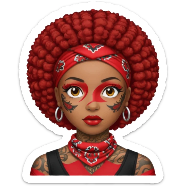 afro black hair with red head bandana and lots of face tattoo black skin girl sticker