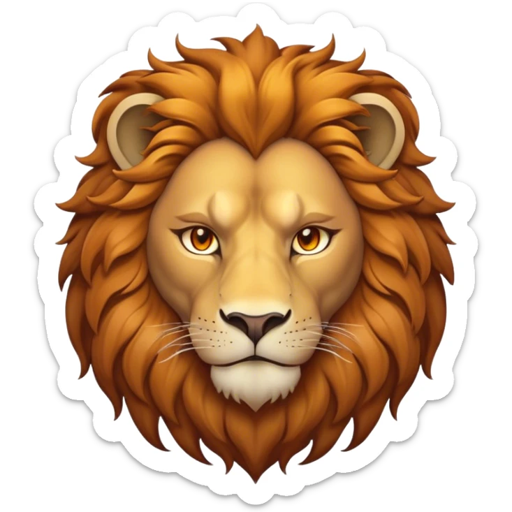 Cinematic Noble Lion Portrait Emoji, Poised and regal, with a powerful, muscular build and a majestic, tawny mane, deep-set soulful amber eyes, Simplified yet sharp and sophisticated features, highly detailed, glowing with a warm, dignified glow, high shine, intelligent and fierce, stylized with an air of wild majesty, focused and attentive, soft glowing outline, capturing the essence of a watchful and confident king, so majestic it feels as though it could roar out of the screen with effortless authority! sticker