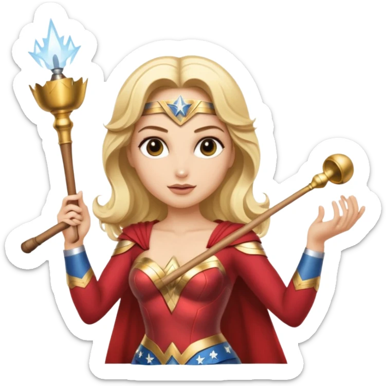 Blonde Wonder Woman holding white orchestra conductor’s baton and bell sticker