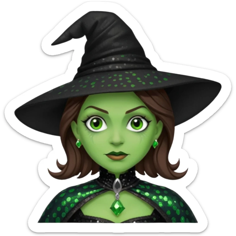 The Wicked Witch from Oz with green skin, brown hair, black sequin outfit sticker