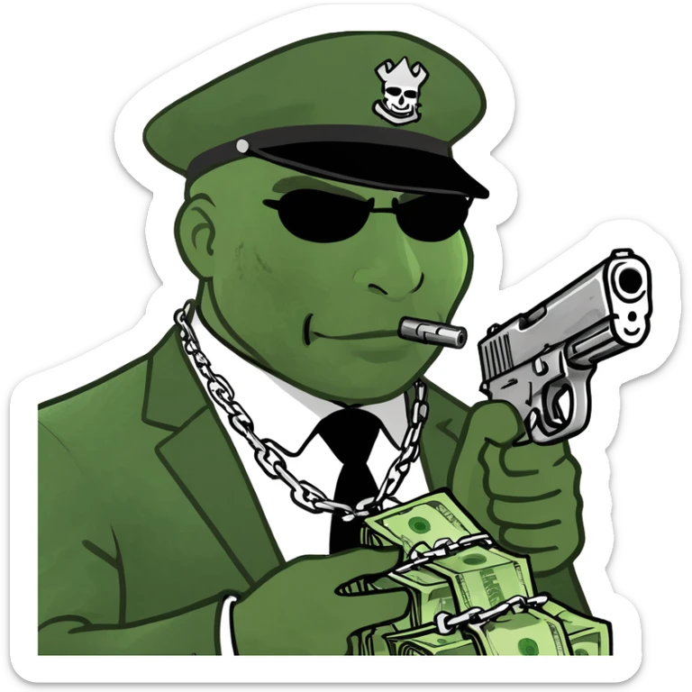 a fried egg but the yolk is a gangster person with a chain and a gun and money sticker