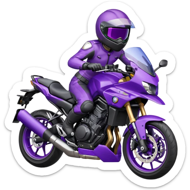Créer un emoji avec une moto mt07 sport noir mate / violet iridescent très foncé, pare-brise de la moto violet. Avec une pilote dessus visière violet sombre visage caché . Avec fond arrière violet en arrière plan. sticker