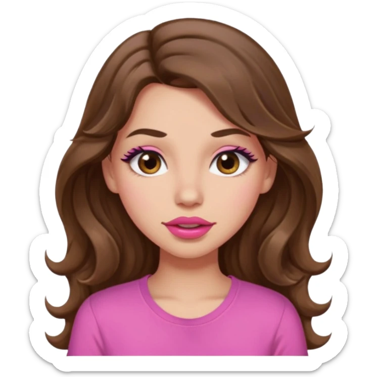 girl with long wavy brown hair, brown eyes, light to medium complexion, in a pink shirt, pink lips, long lashes, puckering lips, winking sticker