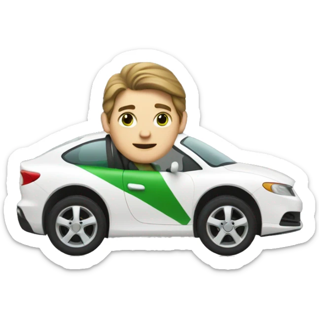 a white man with brown medium length hair and green eyes driving a white car sticker