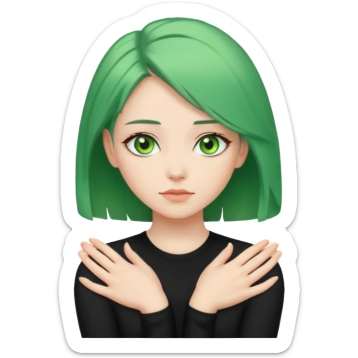 woman with green eyes and green hair putting her pis on her shoulders (pose) sticker